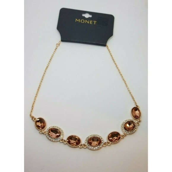 New Necklace Monet Gold Faux Amber & Rhinestones - Picture 2 of 3